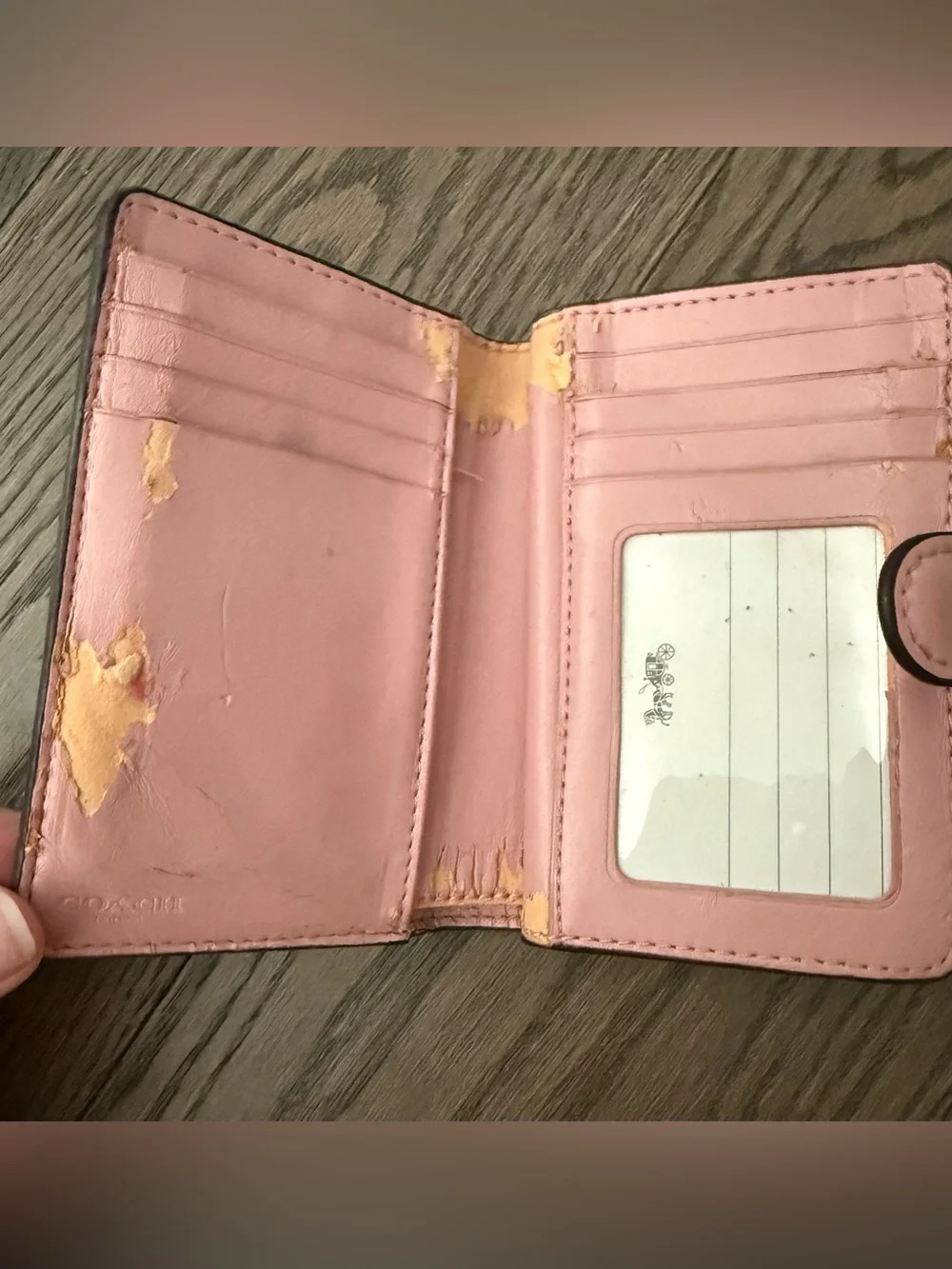 Coach Signature Canvas Compact Wallet - Brown with Pink Trim. Rehab/fair